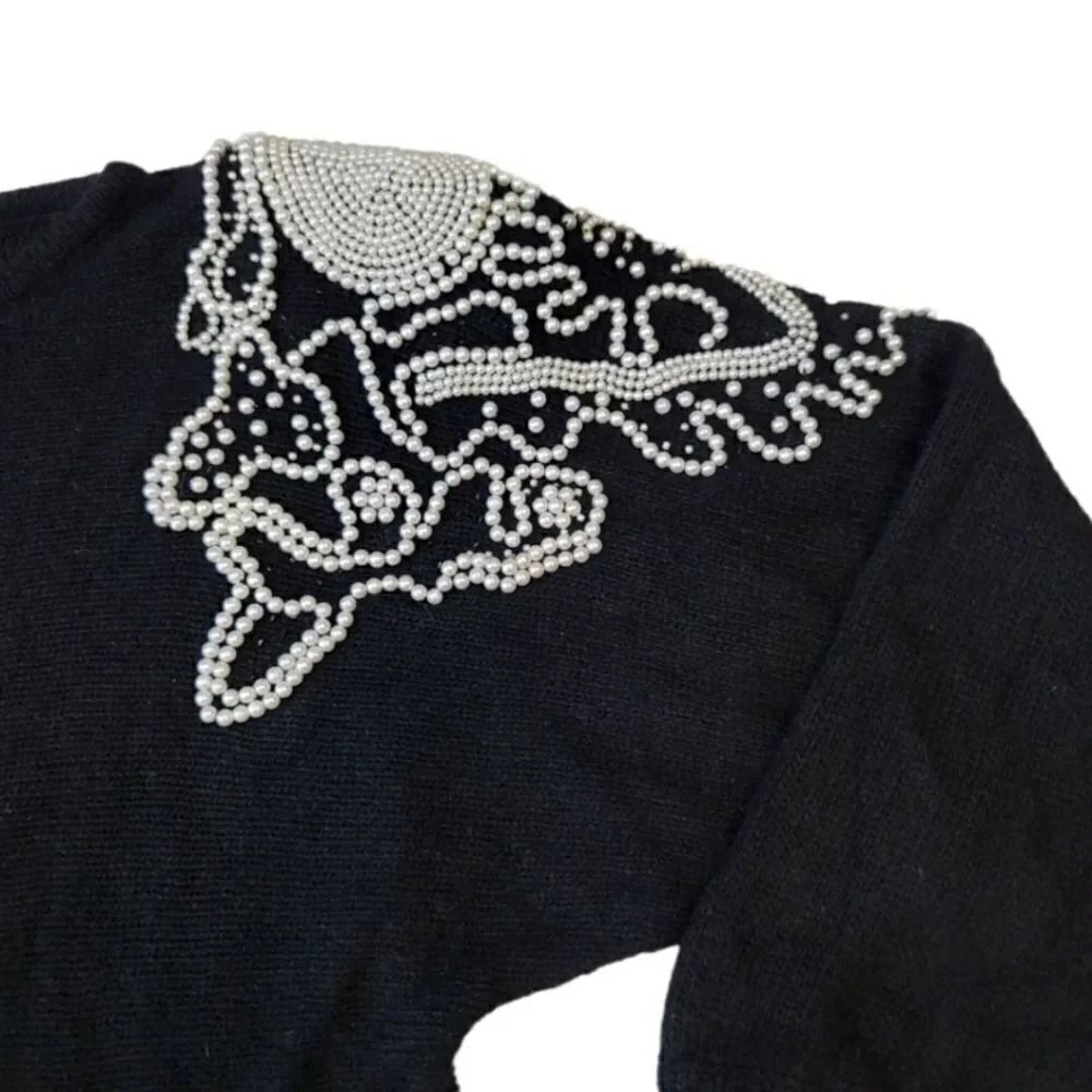 Vintage 80's Work In Progress Pearl Angora Wool Silk Blend Sweater in Black Med - Picture 7 of 10